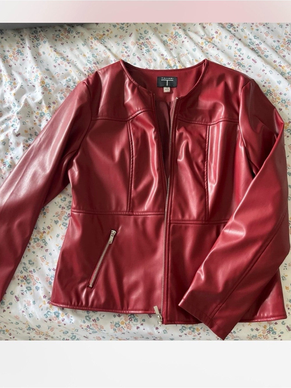 Tahari Deep Red Faux Leather Zip Jacket